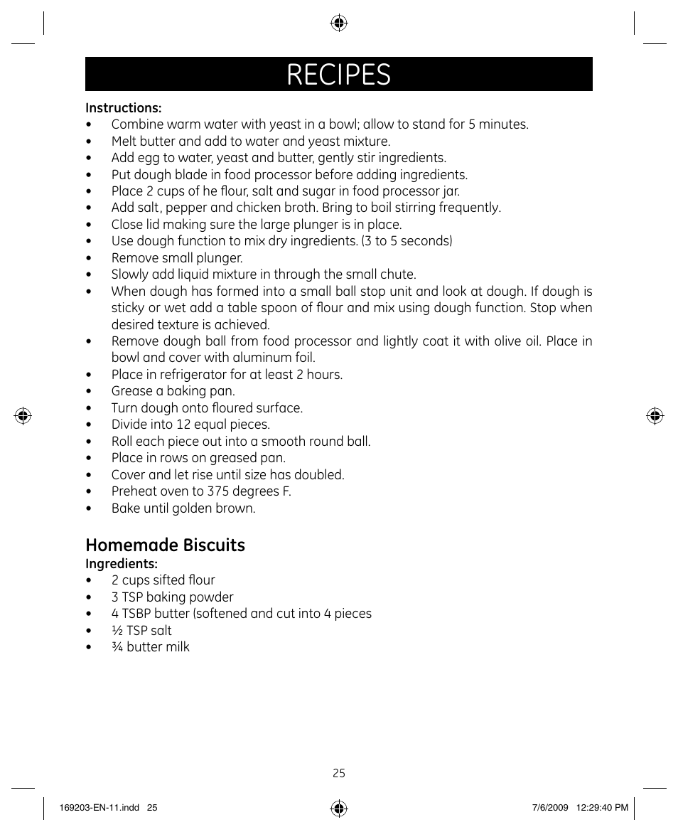 Recipes, Homemade biscuits | GE 169203 User Manual | Page 25 / 27