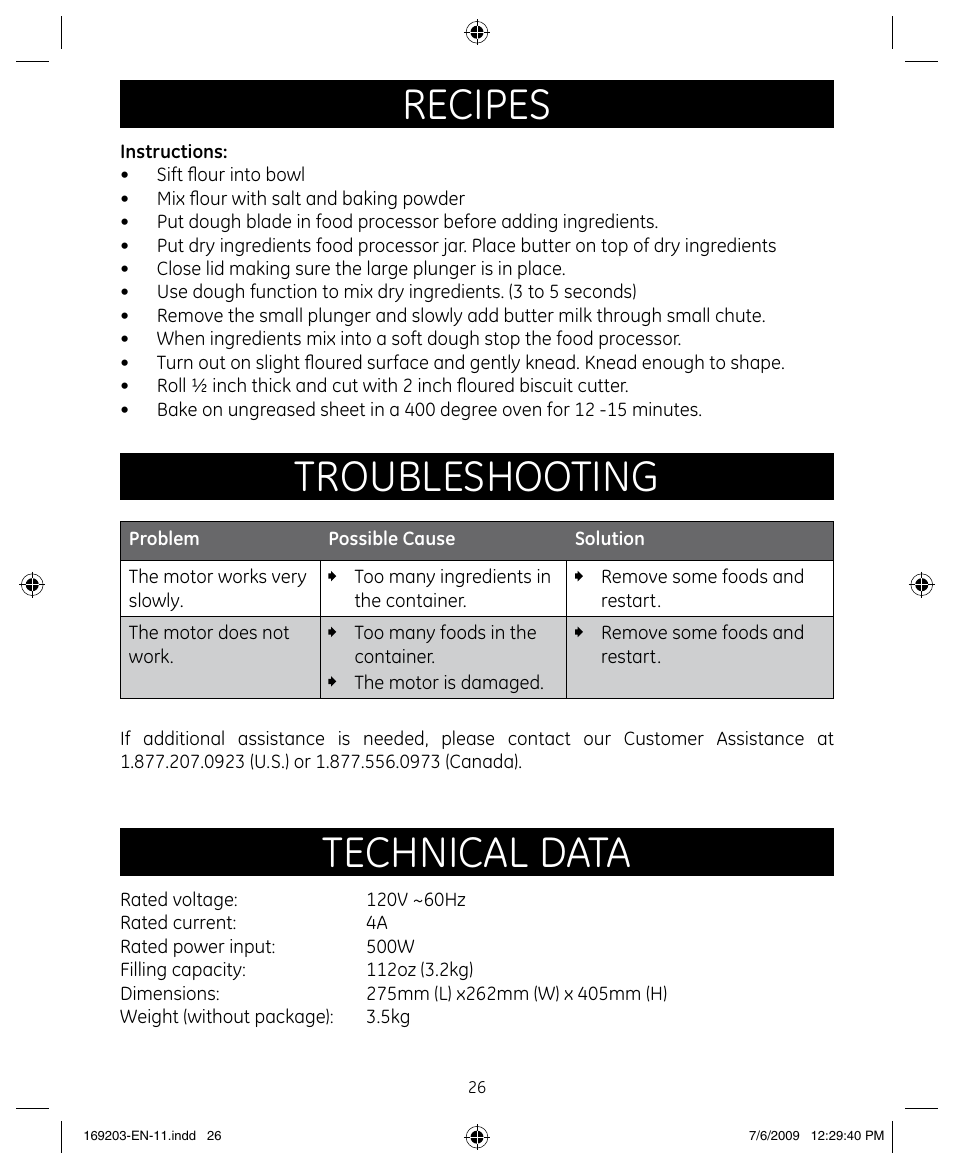 Recipes, Troubleshooting, Technical data | GE 169203 User Manual | Page 26 / 27