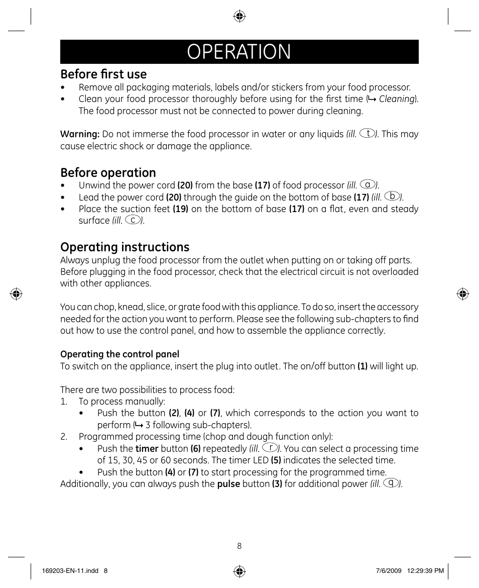 Operation, Before first use, Before operation | Operating instructions | GE 169203 User Manual | Page 8 / 27