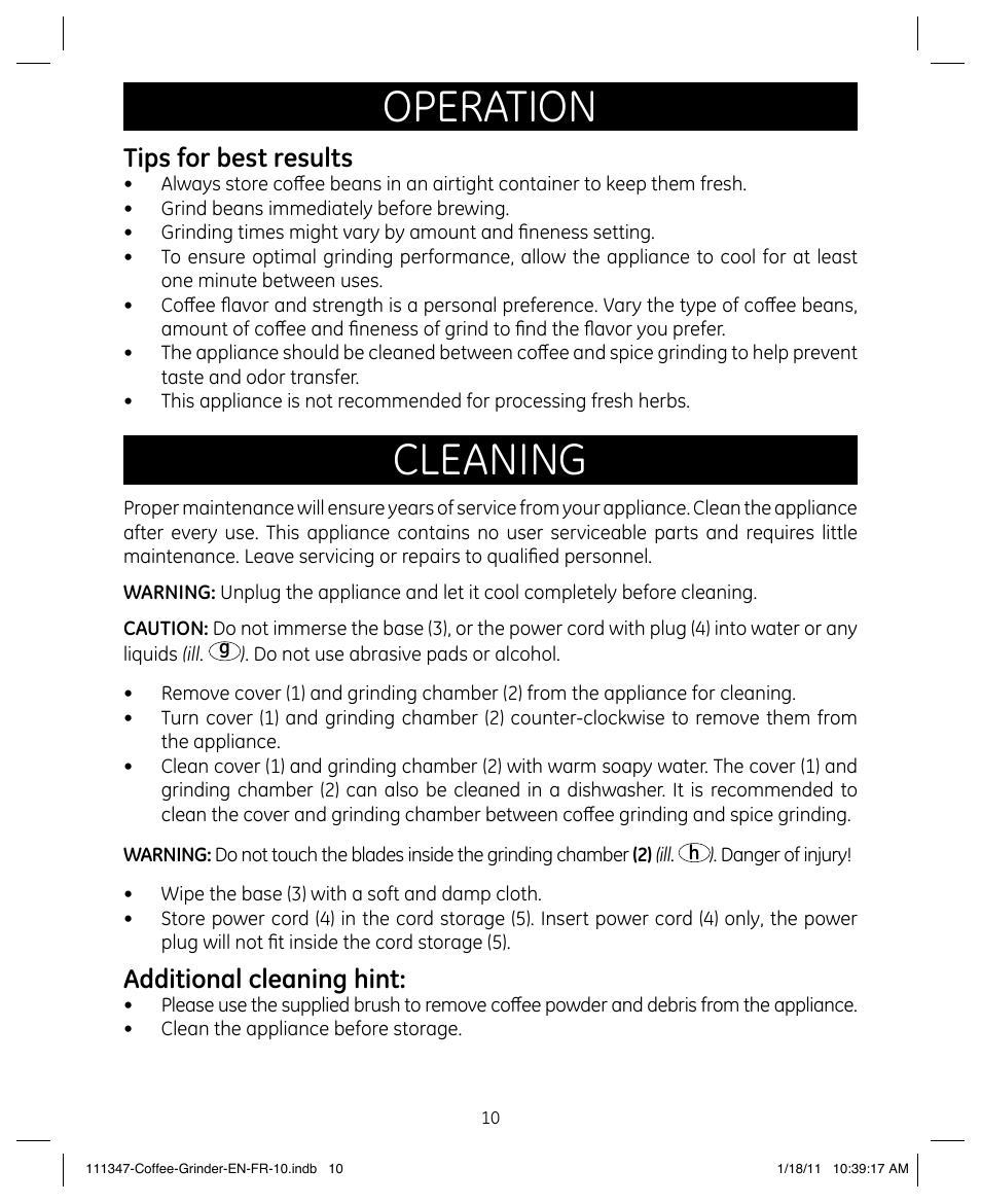 Operation, Cleaning, Tips for best results | Additional cleaning hint | GE 111338 User Manual | Page 10 / 12