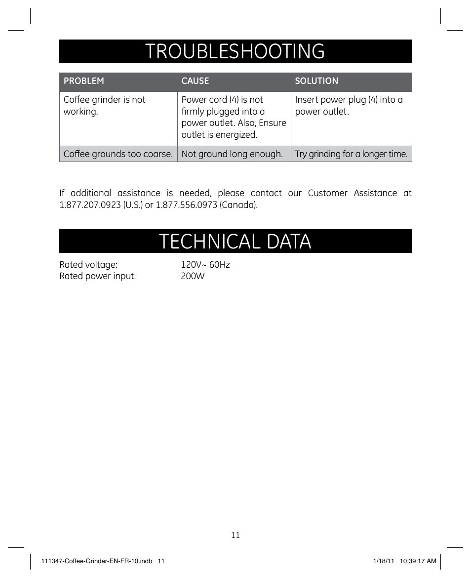 Troubleshooting, Technical data | GE 111338 User Manual | Page 11 / 12
