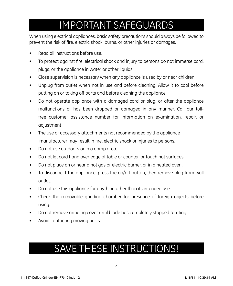 Important safeguards, Save these instructions | GE 111338 User Manual | Page 2 / 12