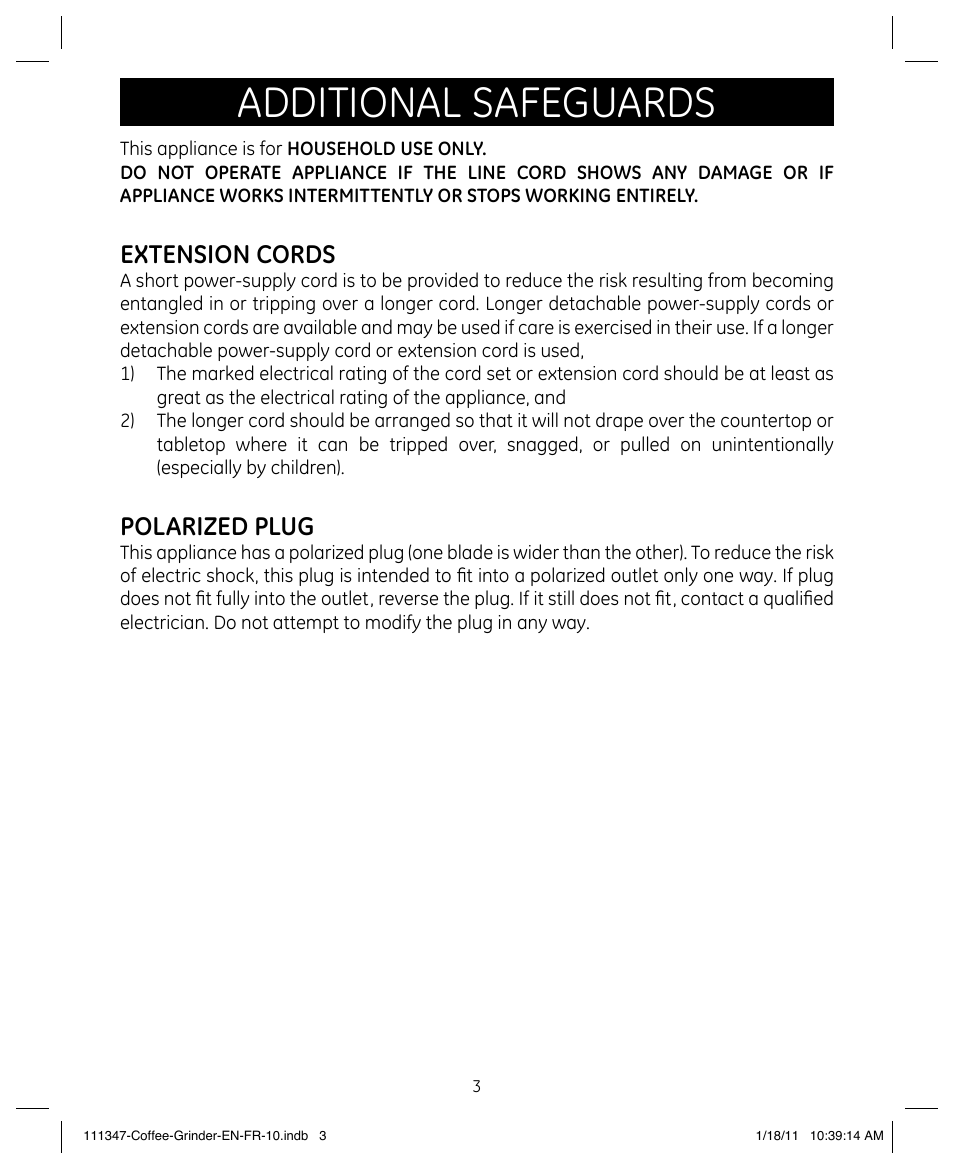 Additional safeguards, Extension cords, Polarized plug | GE 111338 User Manual | Page 3 / 12