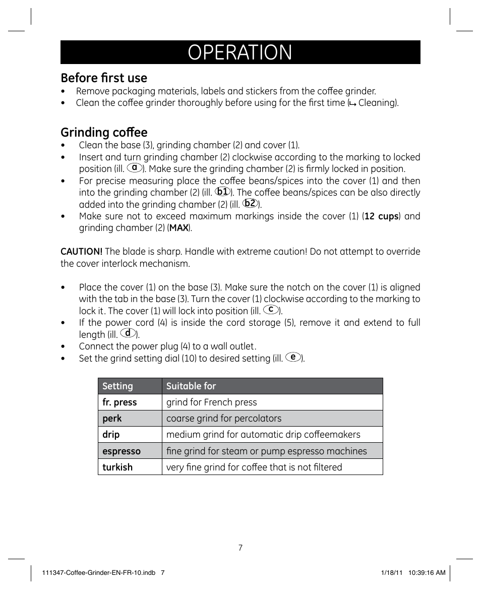 Operation, Before first use, Grinding coffee | GE 111338 User Manual | Page 7 / 12