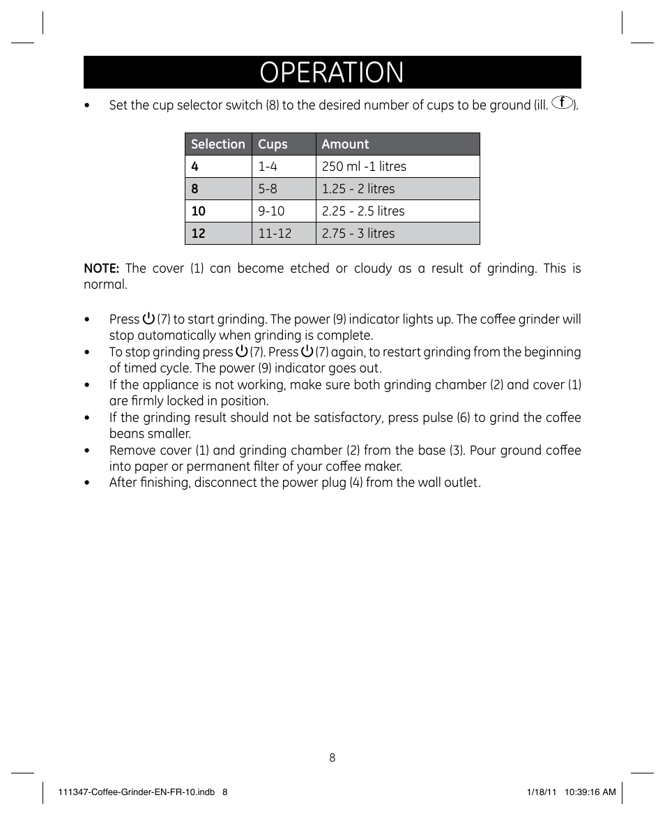 Operation | GE 111338 User Manual | Page 8 / 12