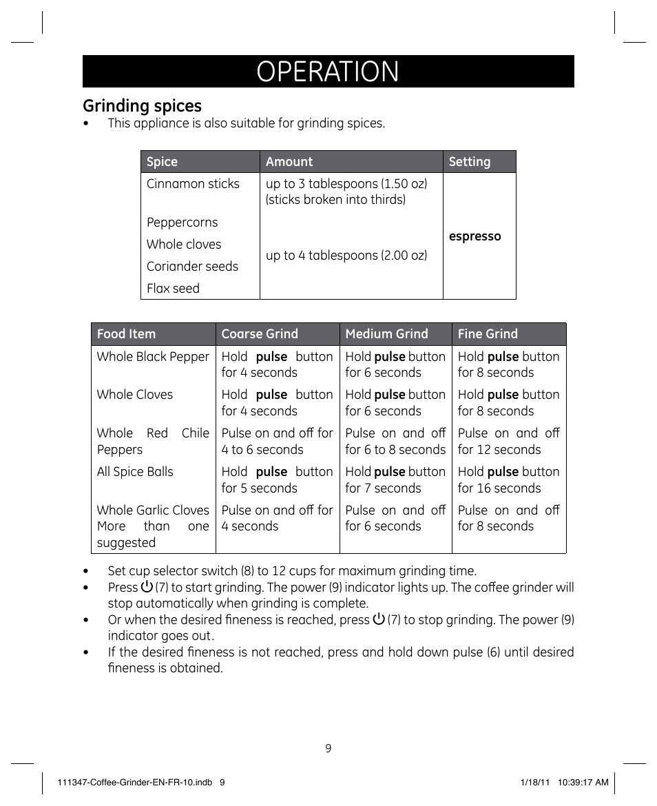 Operation, Grinding spices | GE 111338 User Manual | Page 9 / 12