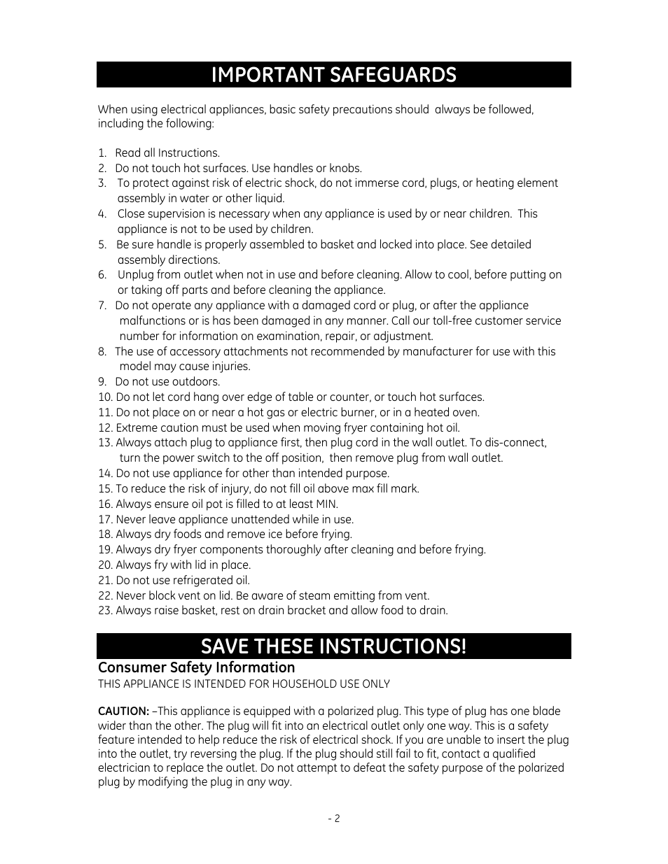 Important safeguards, Save these instructions | GE 169094 User Manual | Page 2 / 8