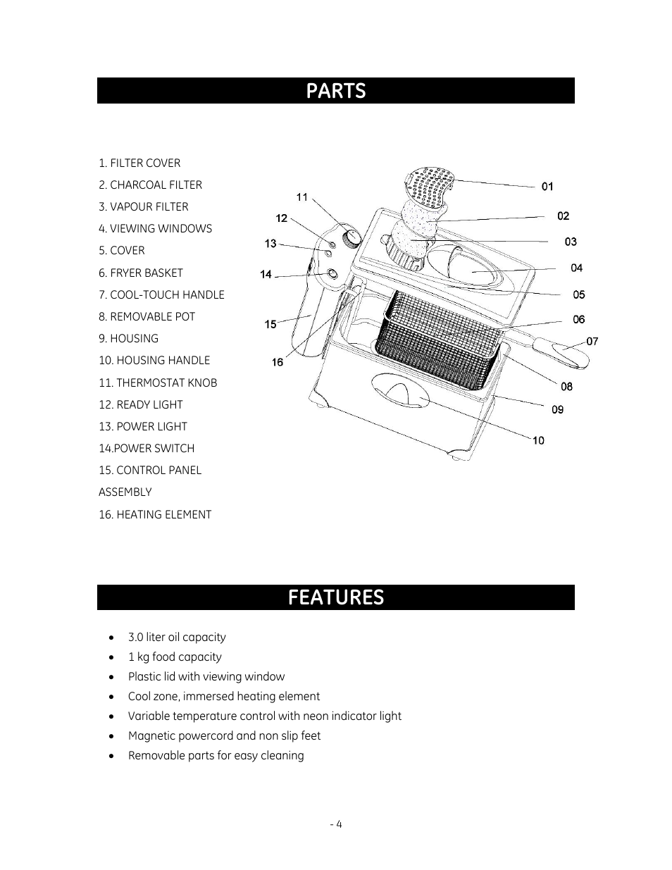 Parts, Features | GE 169094 User Manual | Page 4 / 8