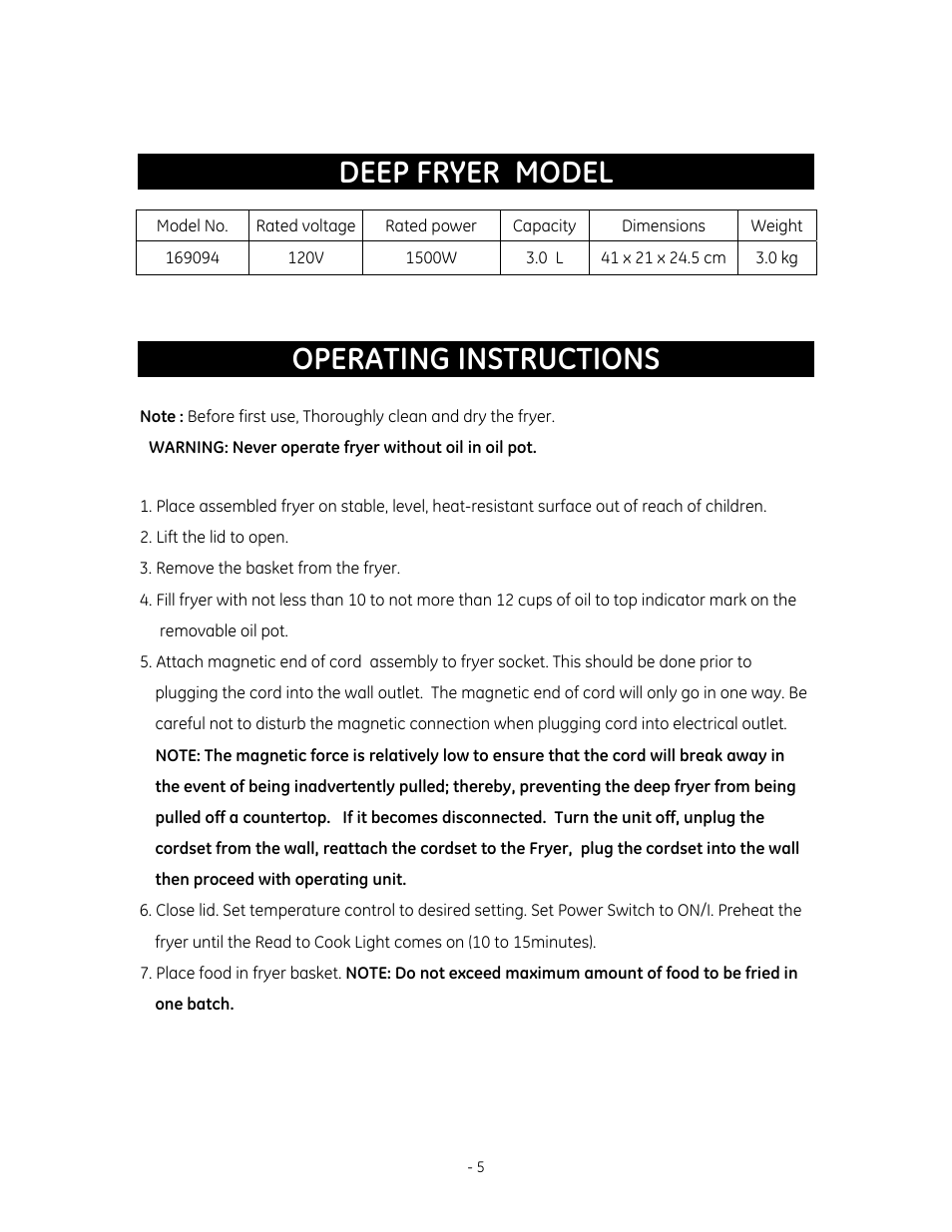 Deep fryer model, Operating instructions | GE 169094 User Manual | Page 5 / 8