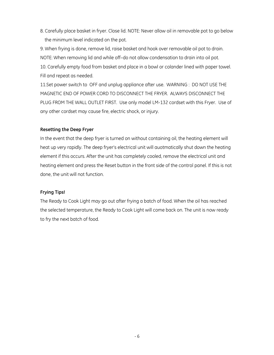 Resetting the deep fryer, Frying tips | GE 169094 User Manual | Page 6 / 8