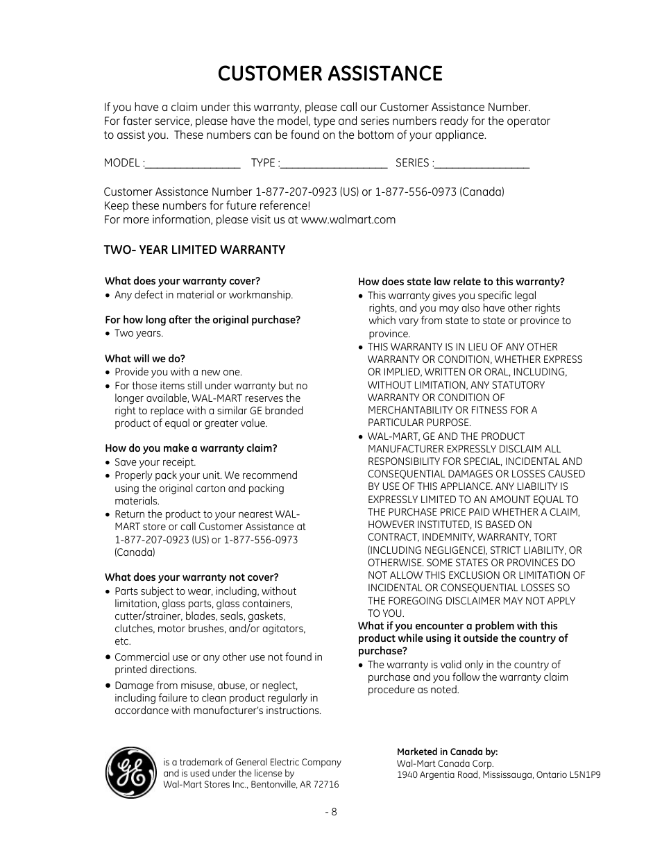 Customer assistance, Two- year limited warranty | GE 169094 User Manual | Page 8 / 8