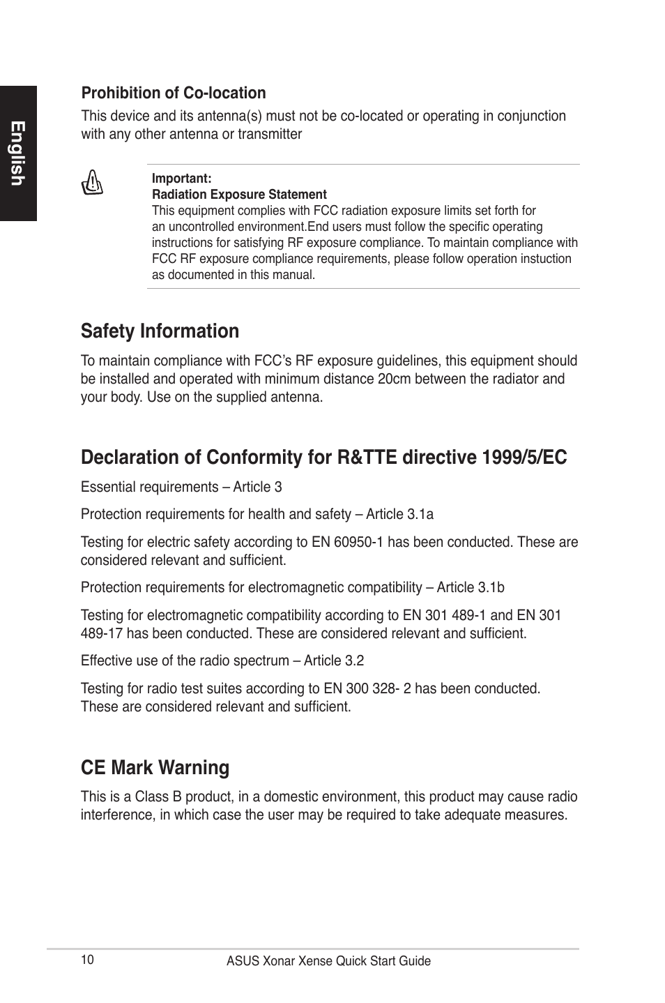 Safety information, Ce mark warning, English | Asus Xonar Xense User Manual | Page 10 / 70