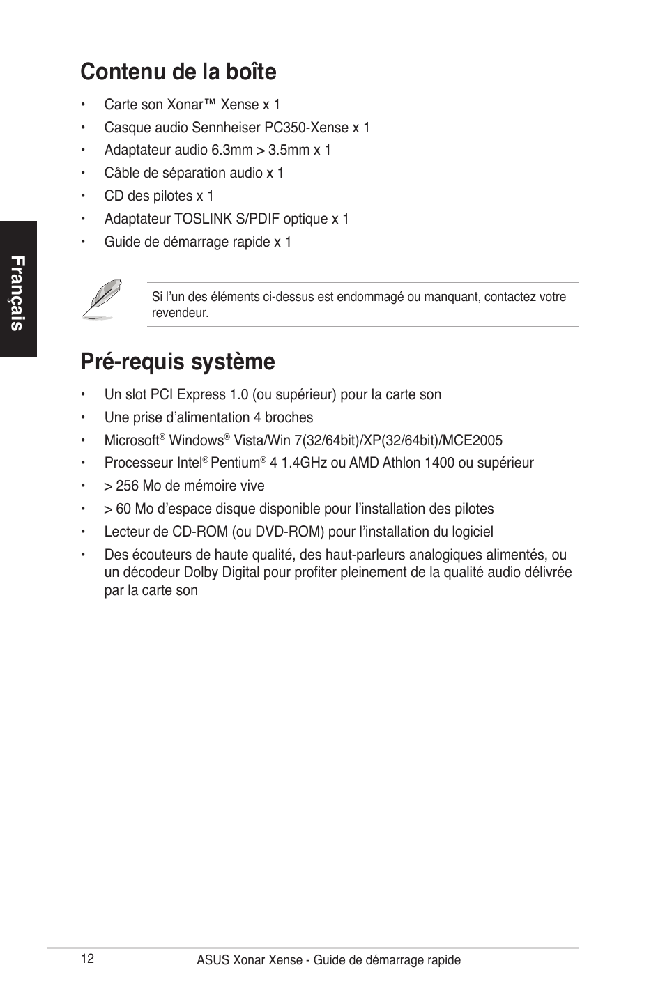 Contenu de la boîte, Pré-requis système, Français | Asus Xonar Xense User Manual | Page 12 / 70