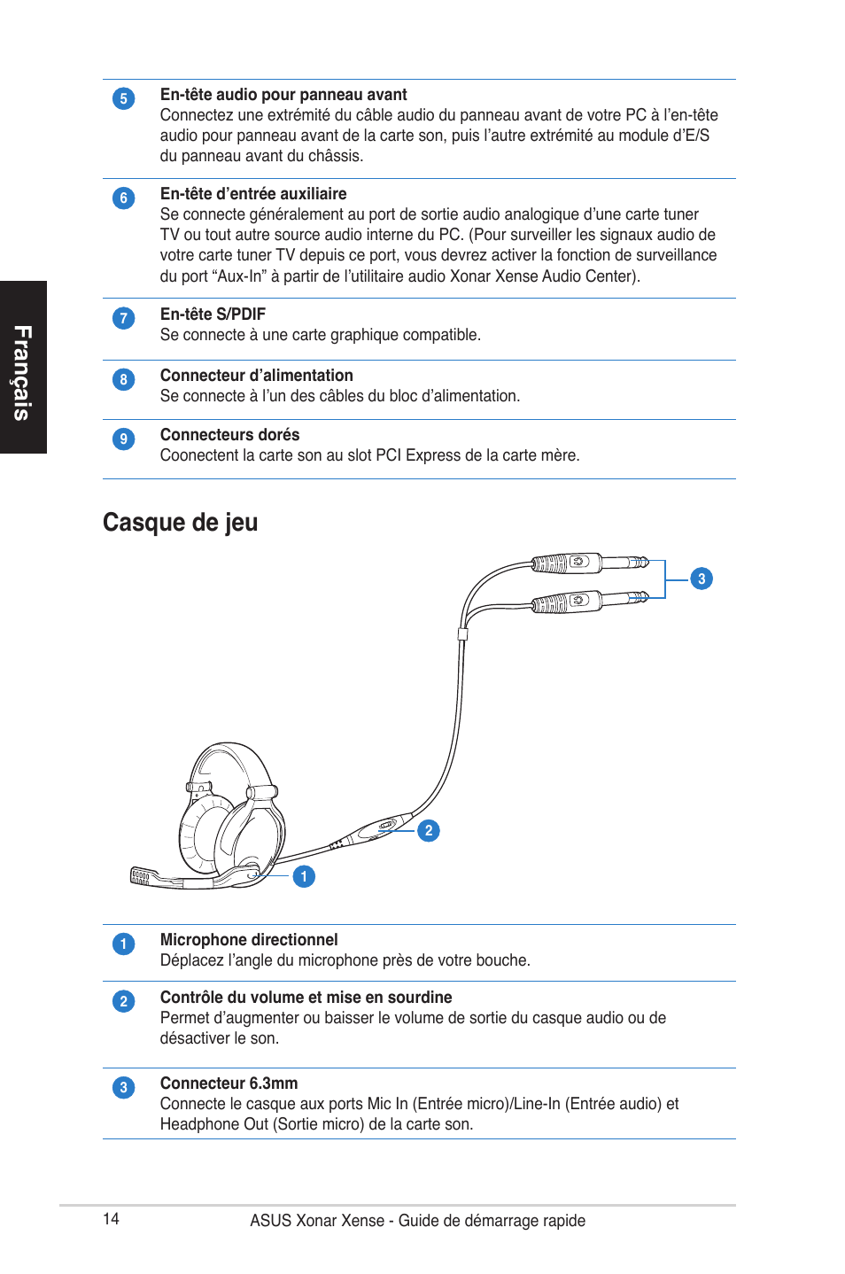 Casque de jeu, Français | Asus Xonar Xense User Manual | Page 14 / 70