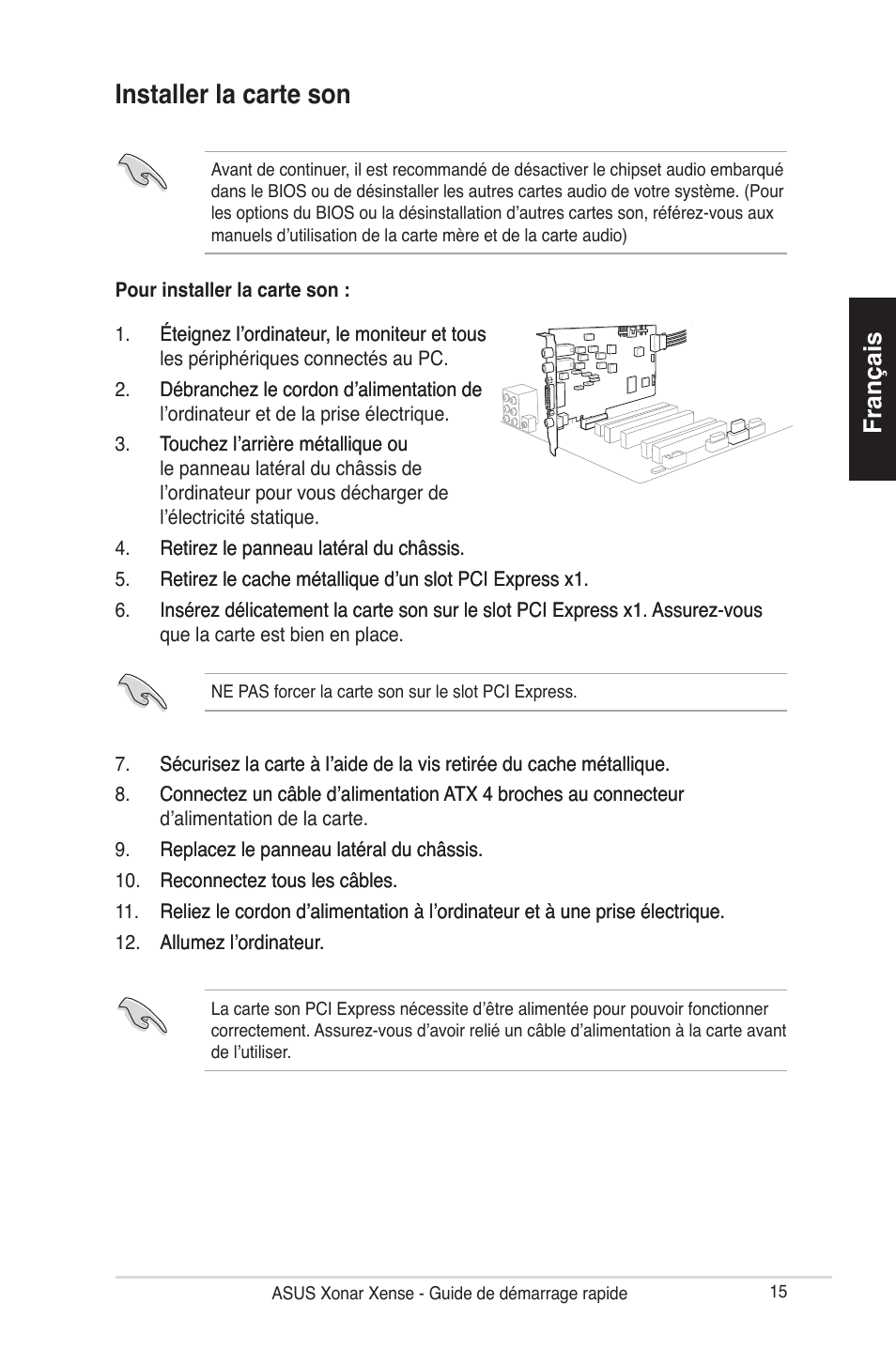 Installer la carte son, Français | Asus Xonar Xense User Manual | Page 15 / 70