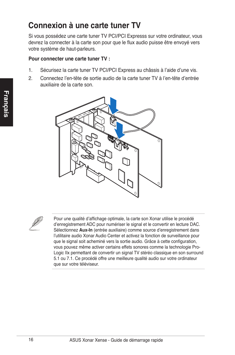 Connexion à une carte tuner tv, Français | Asus Xonar Xense User Manual | Page 16 / 70