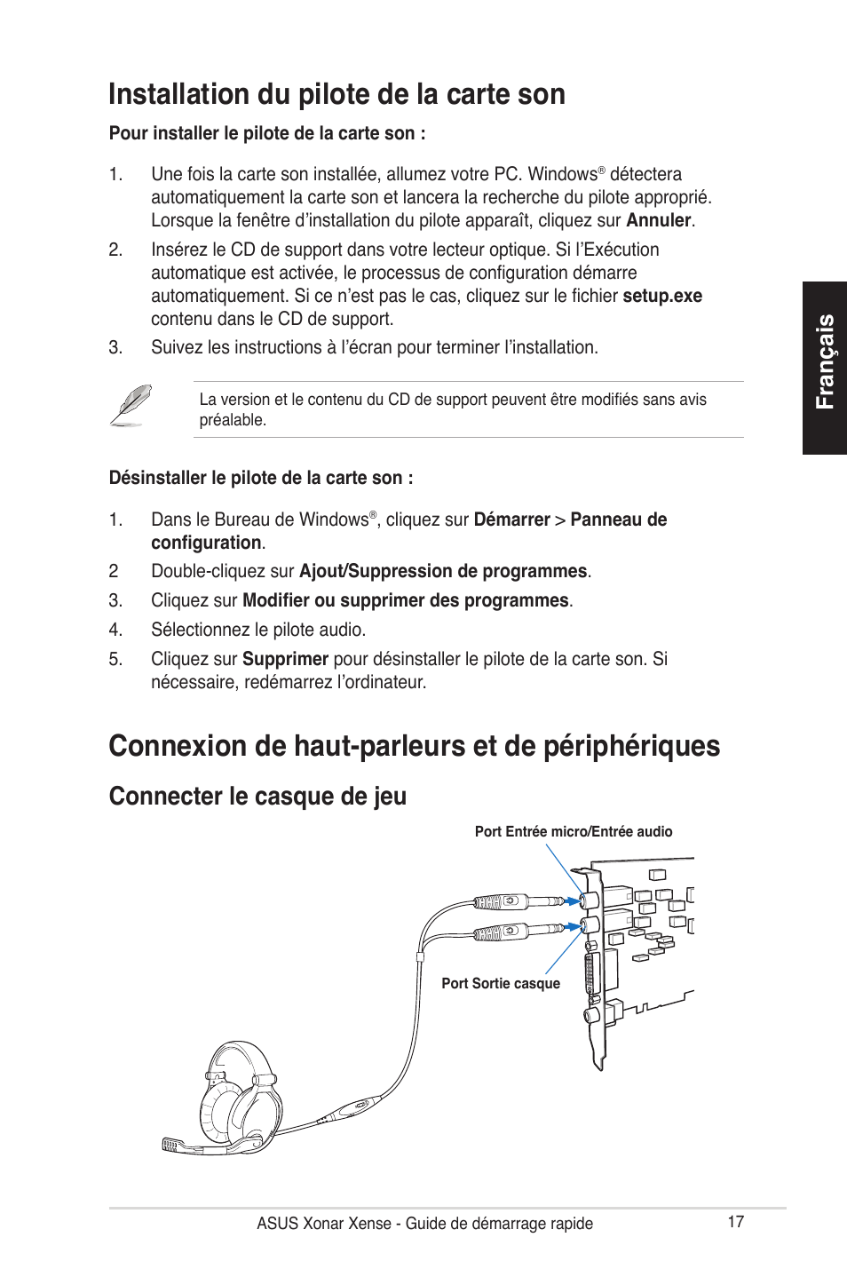 Installation du pilote de la carte son, Connexion de haut-parleurs et de périphériques, Connecter le casque de jeu | Français | Asus Xonar Xense User Manual | Page 17 / 70