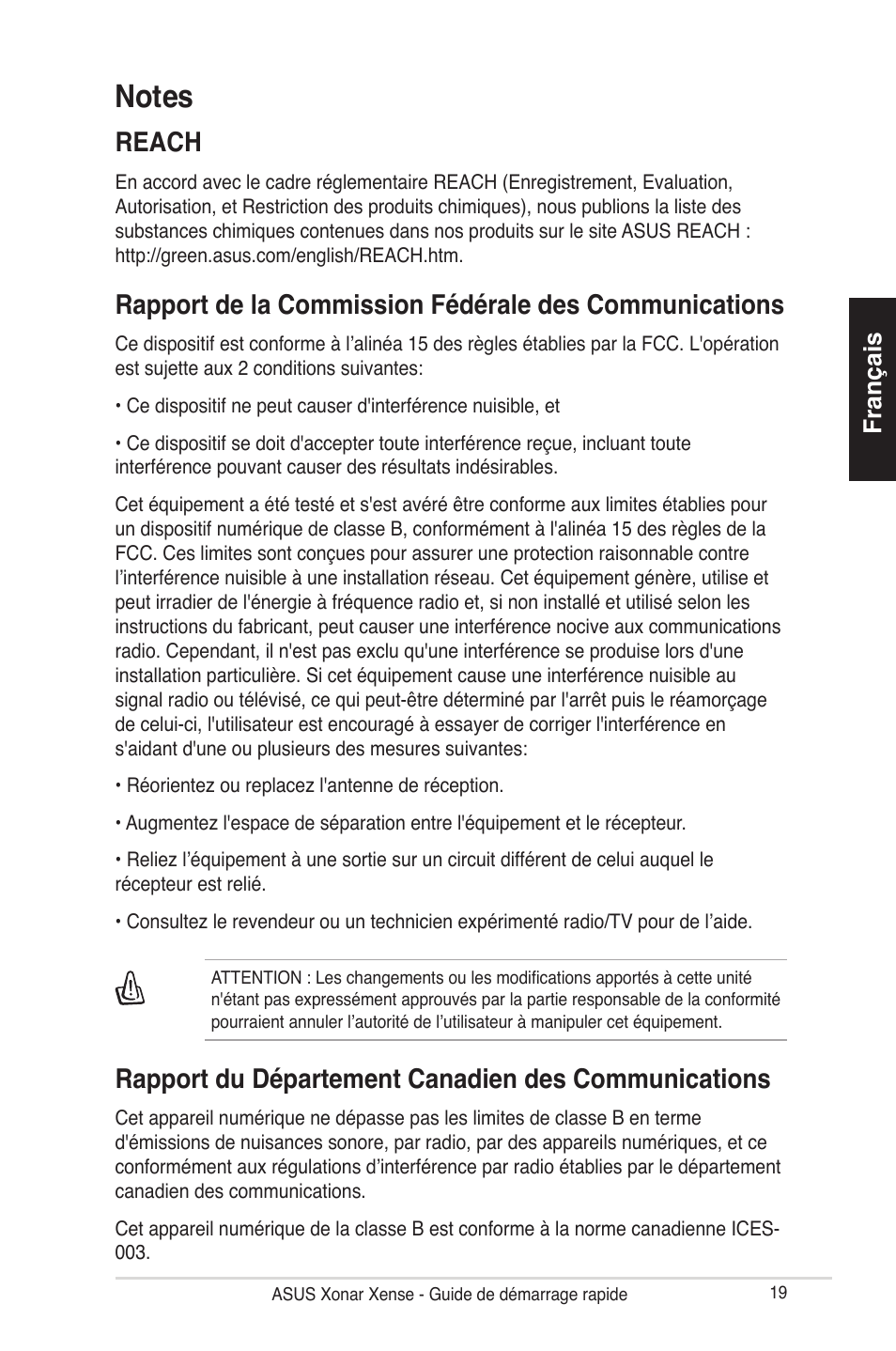 Reach, Rapport du département canadien des communications, Français | Asus Xonar Xense User Manual | Page 19 / 70