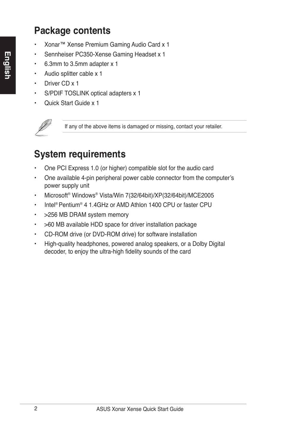 Package contents, System requirements, English | Asus Xonar Xense User Manual | Page 2 / 70