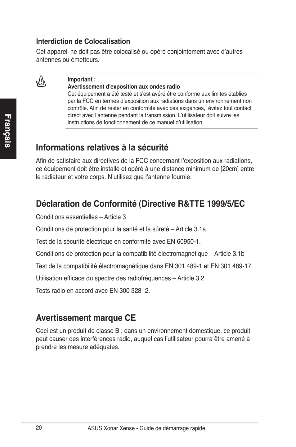 Informations relatives à la sécurité, Avertissement marque ce, Français | Asus Xonar Xense User Manual | Page 20 / 70