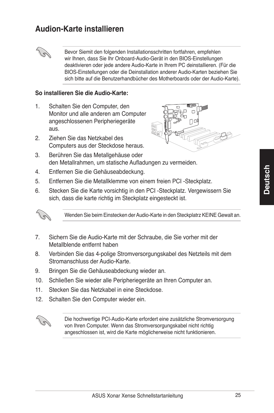 Audion-karte installieren, Deutsch | Asus Xonar Xense User Manual | Page 25 / 70