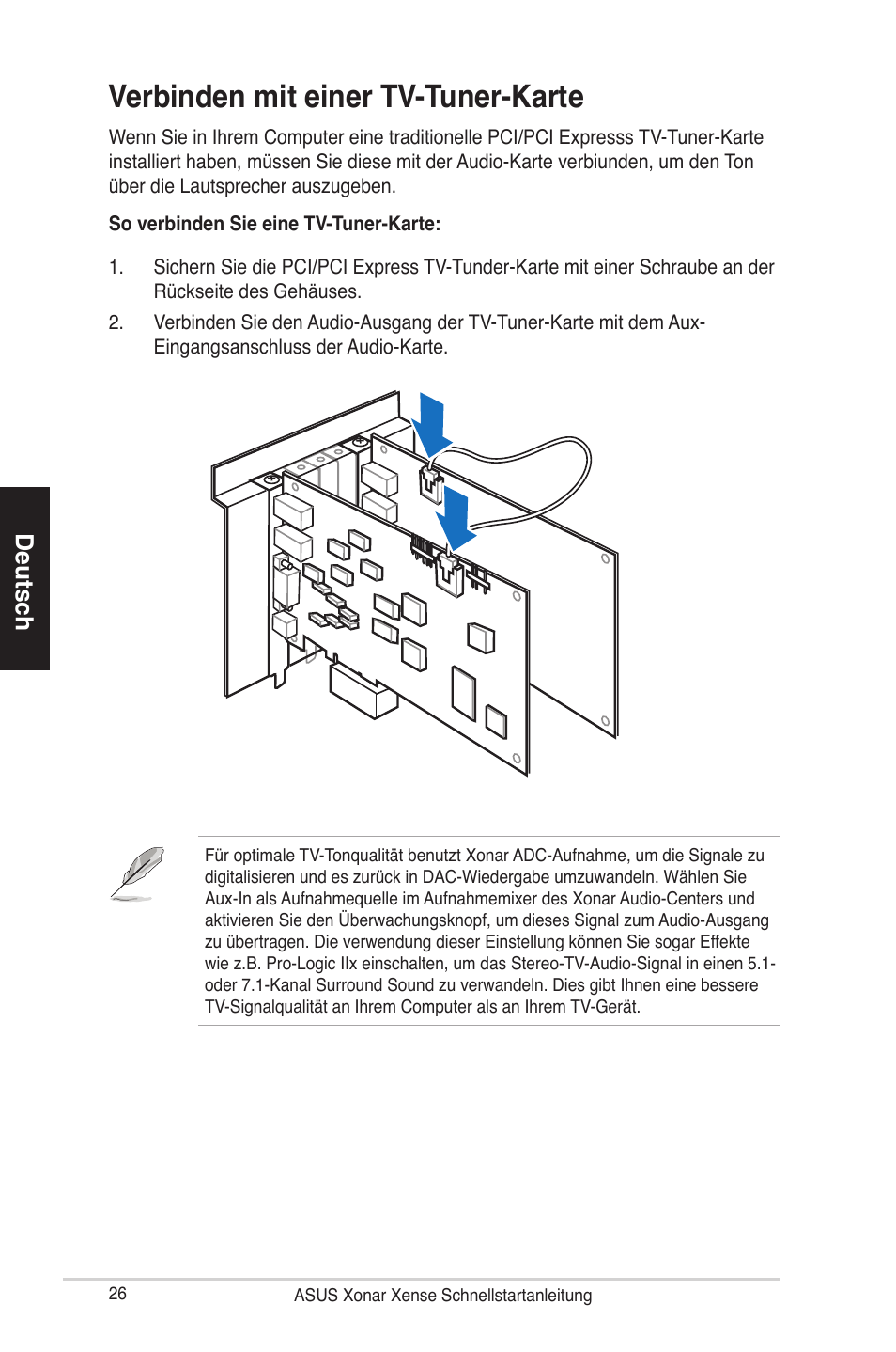 Verbinden mit einer tv-tuner-karte, Deutsch | Asus Xonar Xense User Manual | Page 26 / 70