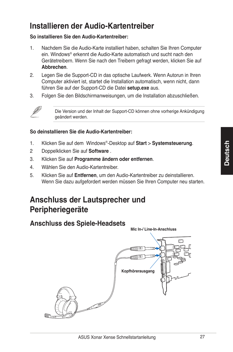 Installieren der audio-kartentreiber, Anschluss der lautsprecher und peripheriegeräte, Anschluss des spiele-headsets | Deutsch | Asus Xonar Xense User Manual | Page 27 / 70