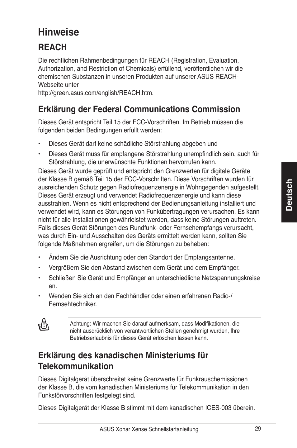 Hinweise, Reach, Erklärung der federal communications commission | Deutsch | Asus Xonar Xense User Manual | Page 29 / 70