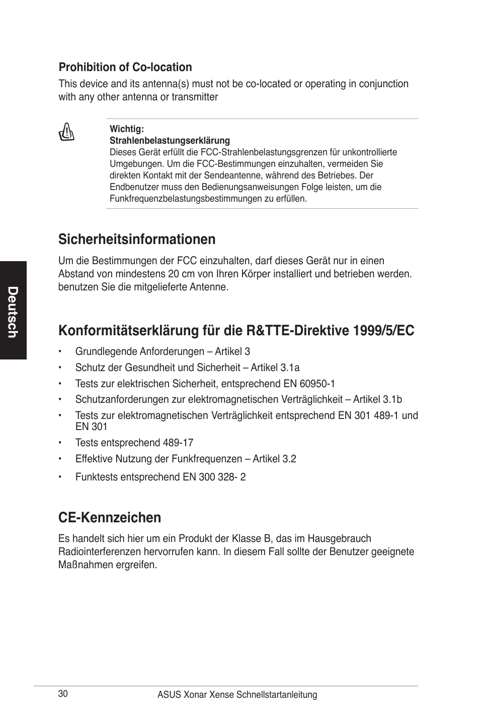 Sicherheitsinformationen, Ce-kennzeichen, Deutsch | Asus Xonar Xense User Manual | Page 30 / 70