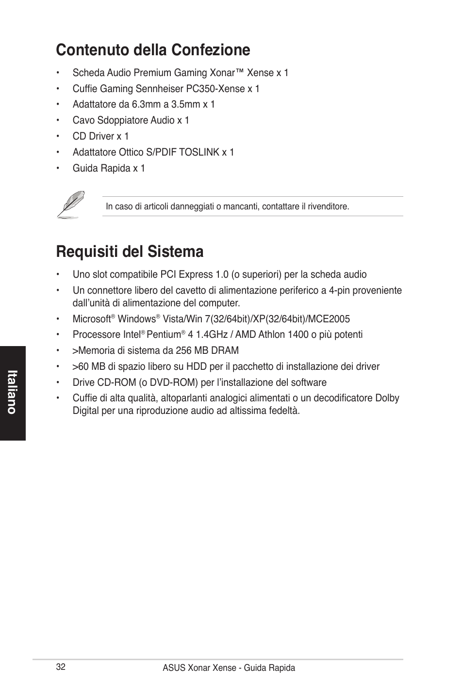 Contenuto della confezione, Requisiti del sistema, Italiano | Asus Xonar Xense User Manual | Page 32 / 70