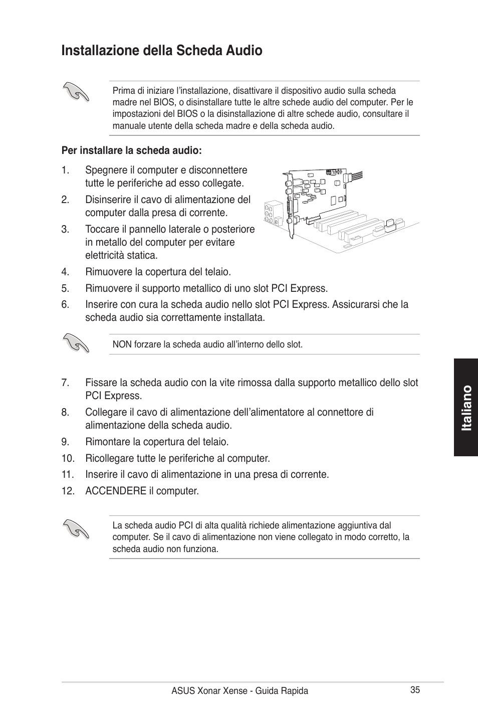 Installazione della scheda audio, Italiano | Asus Xonar Xense User Manual | Page 35 / 70