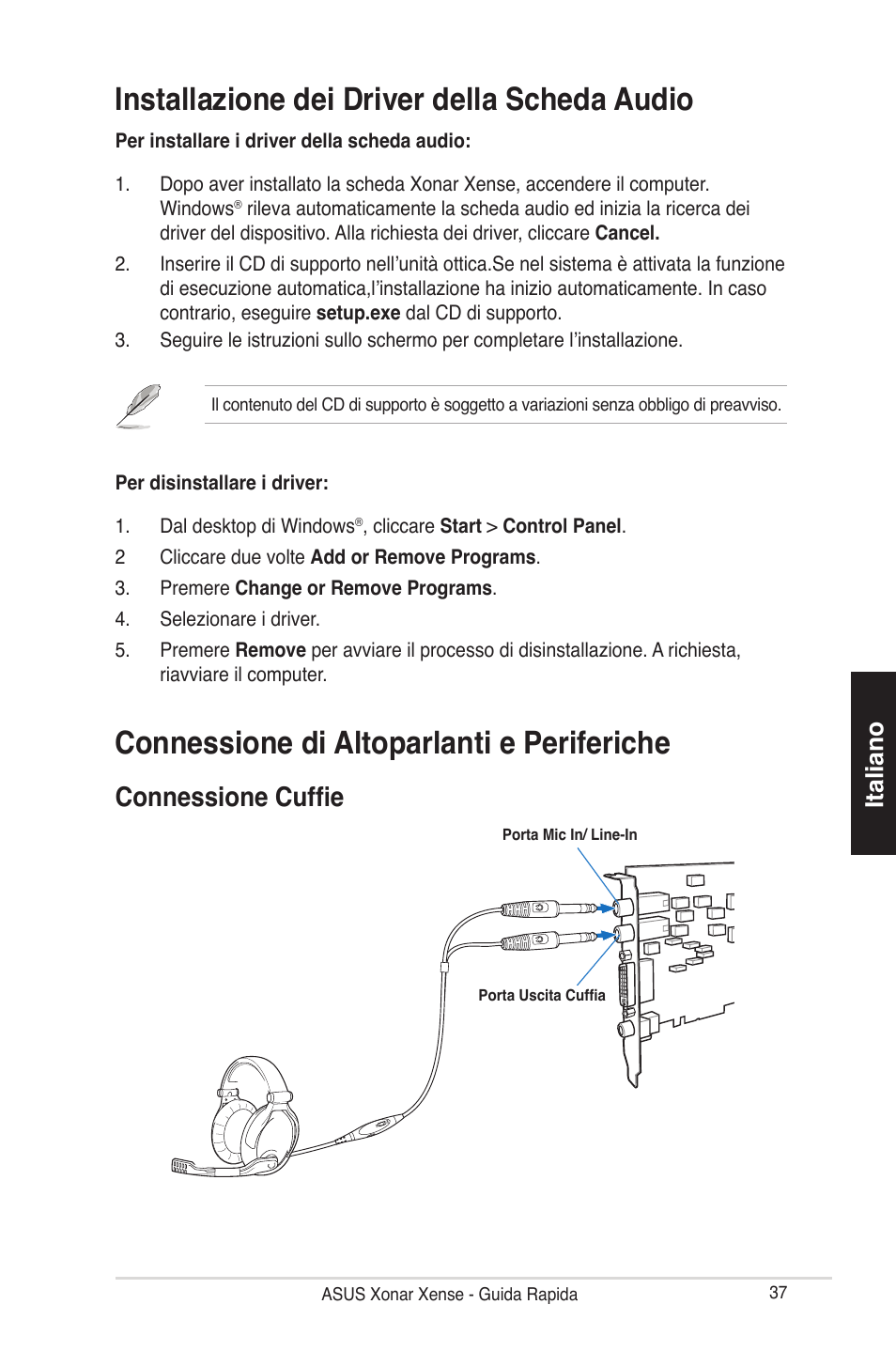 Installazione dei driver della scheda audio, Connessione di altoparlanti e periferiche, Connessione cuffie | Italiano | Asus Xonar Xense User Manual | Page 37 / 70