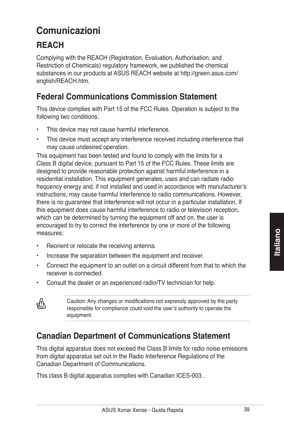 Comunicazioni, Reach, Federal communications commission statement | Canadian department of communications statement, Italiano | Asus Xonar Xense User Manual | Page 39 / 70