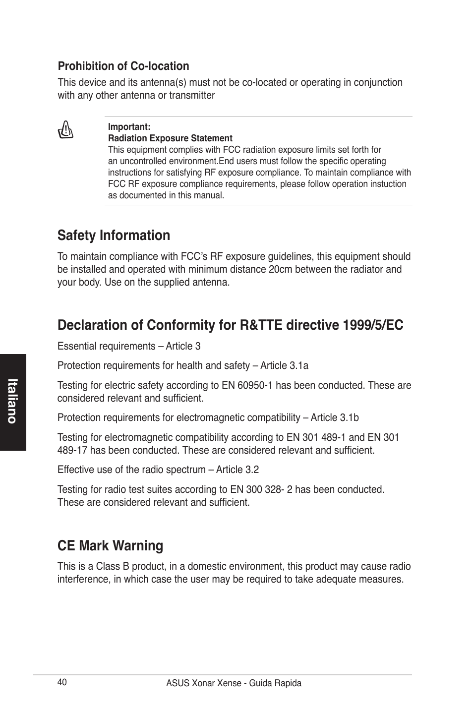 Safety information, Ce mark warning, Italiano | Asus Xonar Xense User Manual | Page 40 / 70