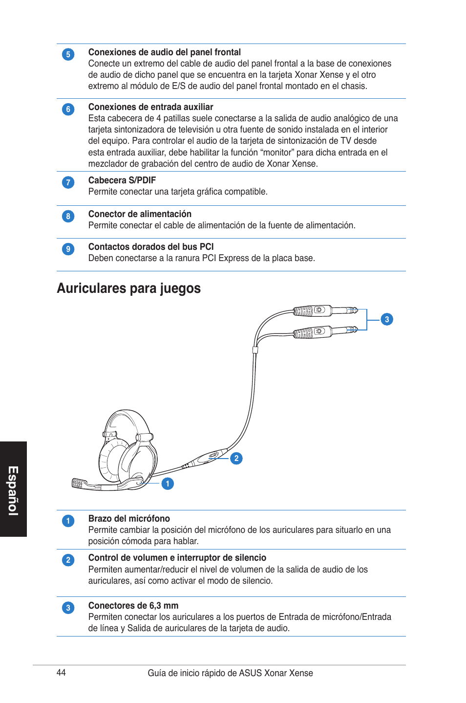 Auriculares para juegos, Español | Asus Xonar Xense User Manual | Page 44 / 70