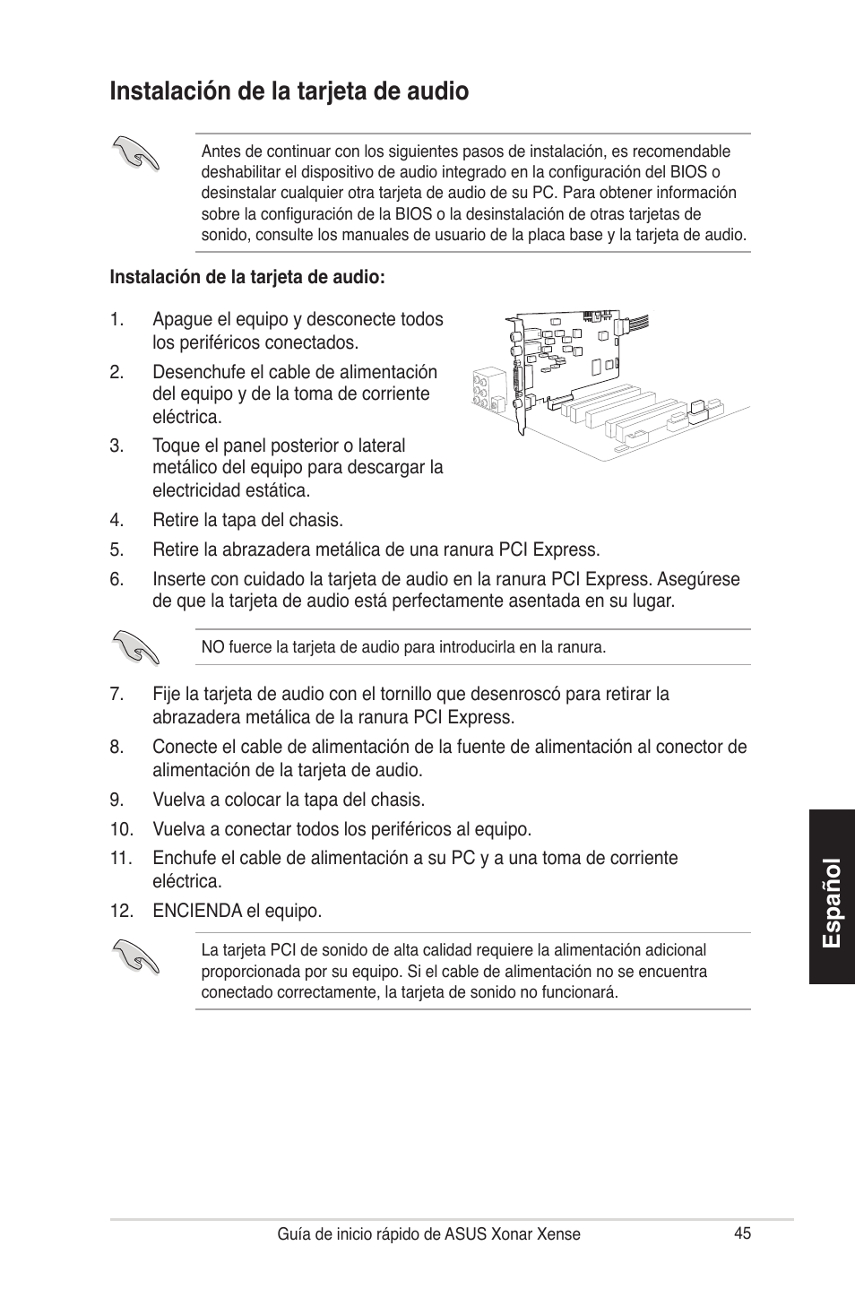 Instalación de la tarjeta de audio, Español | Asus Xonar Xense User Manual | Page 45 / 70