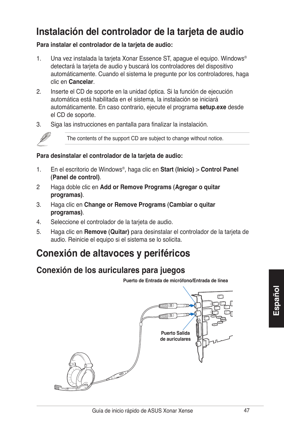 Instalación del controlador de la tarjeta de audio, Conexión de altavoces y periféricos, Conexión de los auriculares para juegos | Español | Asus Xonar Xense User Manual | Page 47 / 70