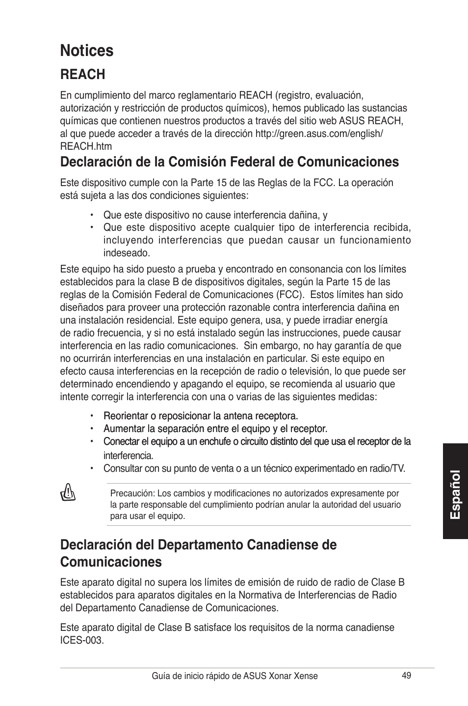 Notices, Reach, Español | Asus Xonar Xense User Manual | Page 49 / 70