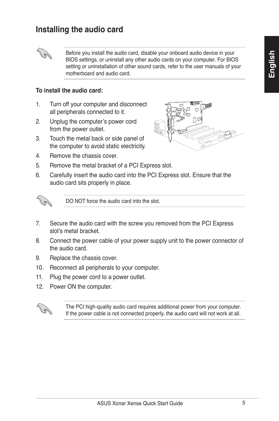 Installing the audio card, English | Asus Xonar Xense User Manual | Page 5 / 70