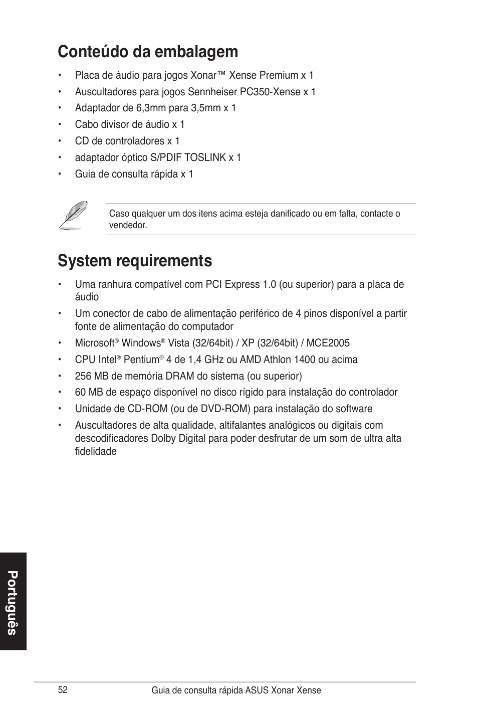 Conteúdo da embalagem, System requirements, Português | Asus Xonar Xense User Manual | Page 52 / 70