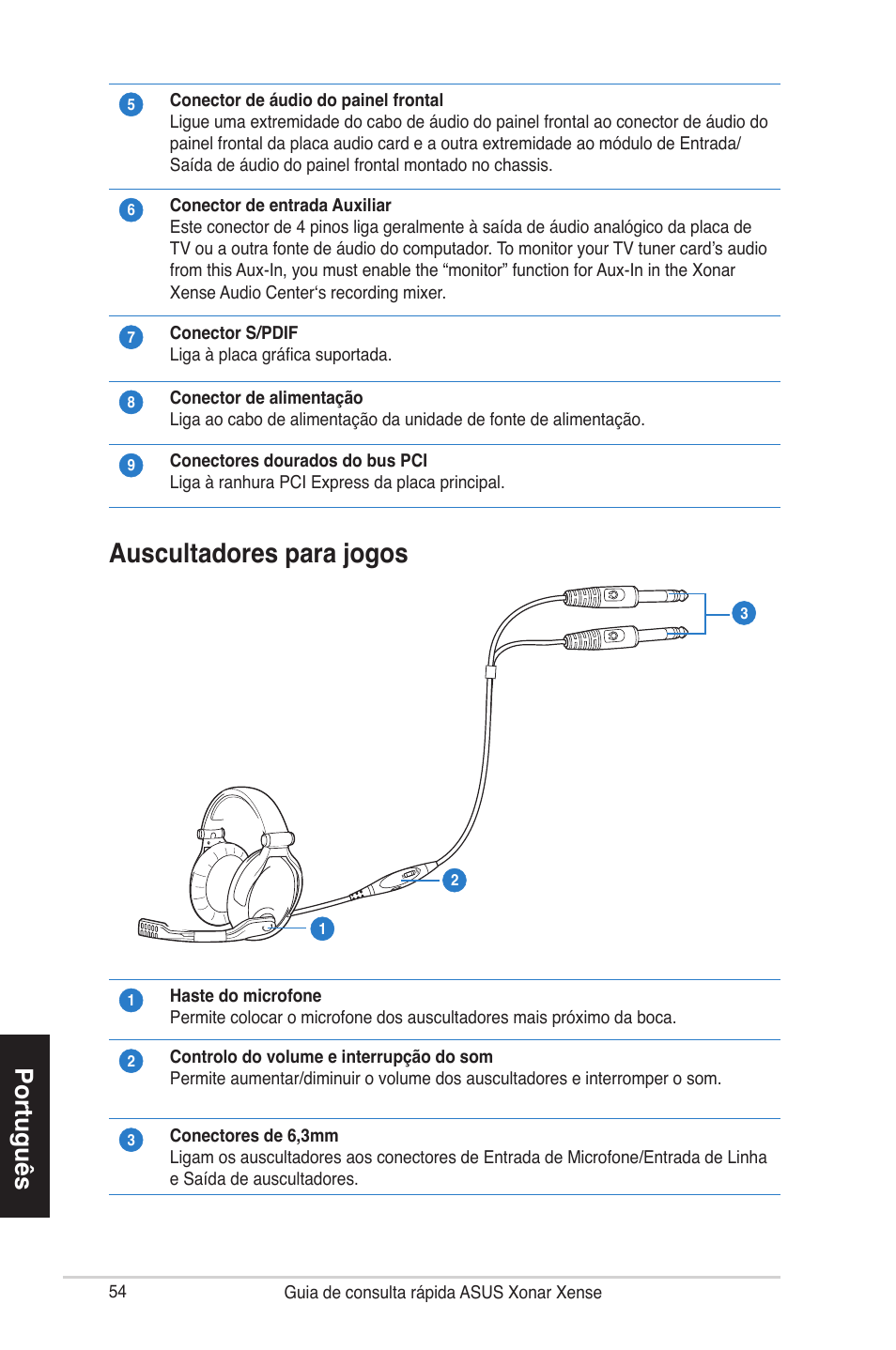 Auscultadores para jogos, Português | Asus Xonar Xense User Manual | Page 54 / 70