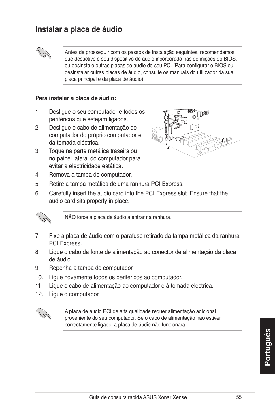 Instalar a placa de áudio, Português | Asus Xonar Xense User Manual | Page 55 / 70