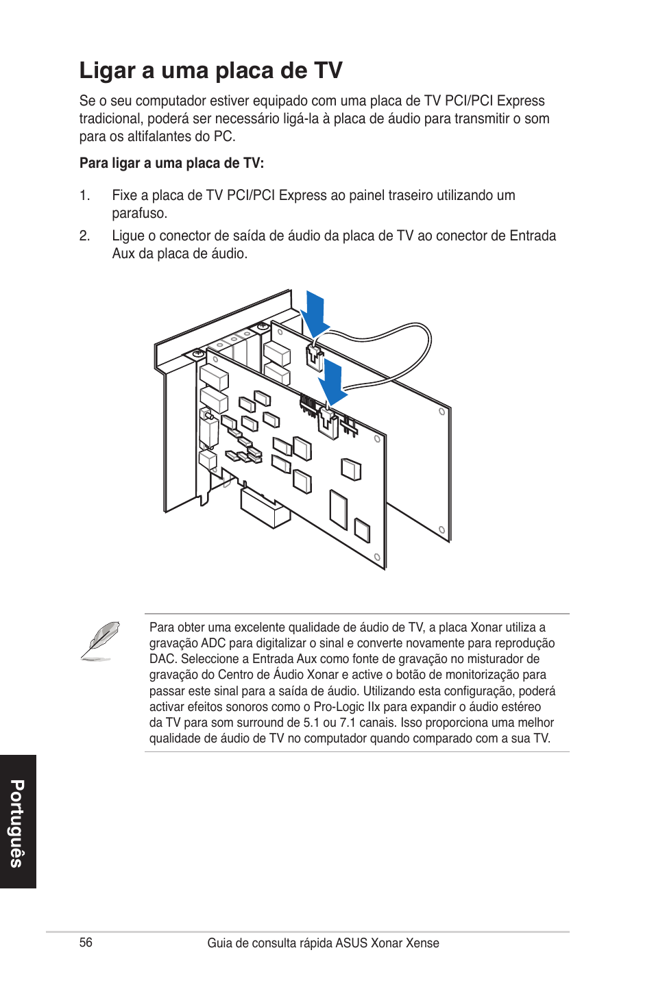 Ligar a uma placa de tv, Português | Asus Xonar Xense User Manual | Page 56 / 70