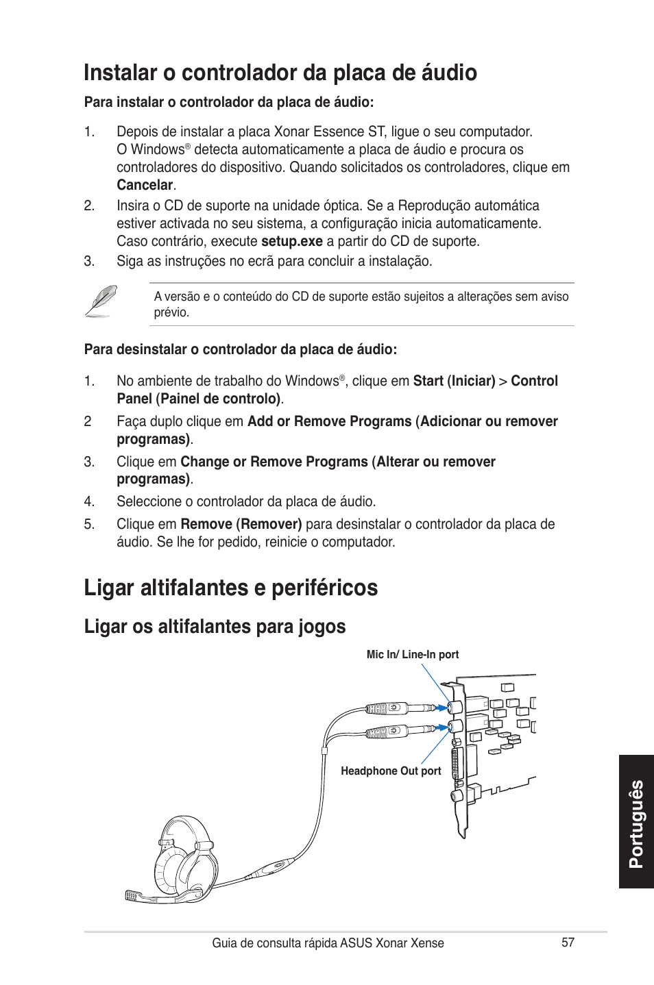 Instalar o controlador da placa de áudio, Ligar altifalantes e periféricos, Ligar os altifalantes para jogos | Português | Asus Xonar Xense User Manual | Page 57 / 70