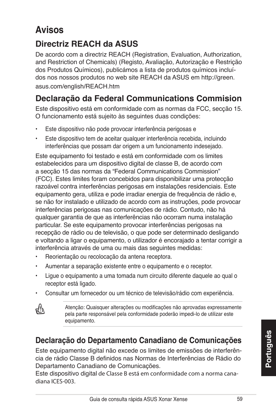 Avisos, Directriz reach da asus, Declaração da federal communications commision | Português | Asus Xonar Xense User Manual | Page 59 / 70