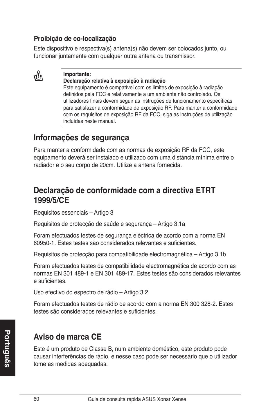 Informações de segurança, Aviso de marca ce, Português | Asus Xonar Xense User Manual | Page 60 / 70