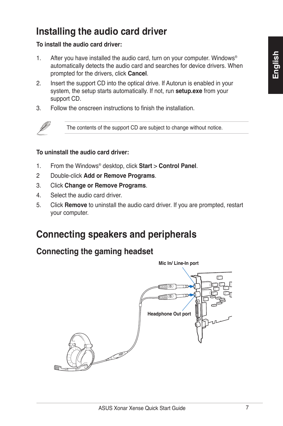 Installing the audio card driver, Connecting speakers and peripherals, Connecting the gaming headset | English | Asus Xonar Xense User Manual | Page 7 / 70