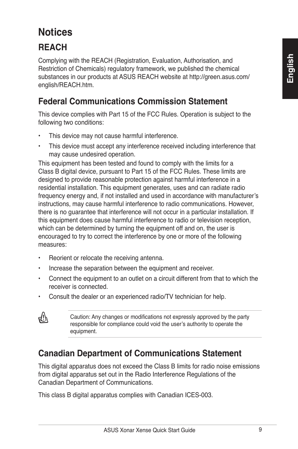 Notices, Reach, Federal communications commission statement | Canadian department of communications statement, English | Asus Xonar Xense User Manual | Page 9 / 70