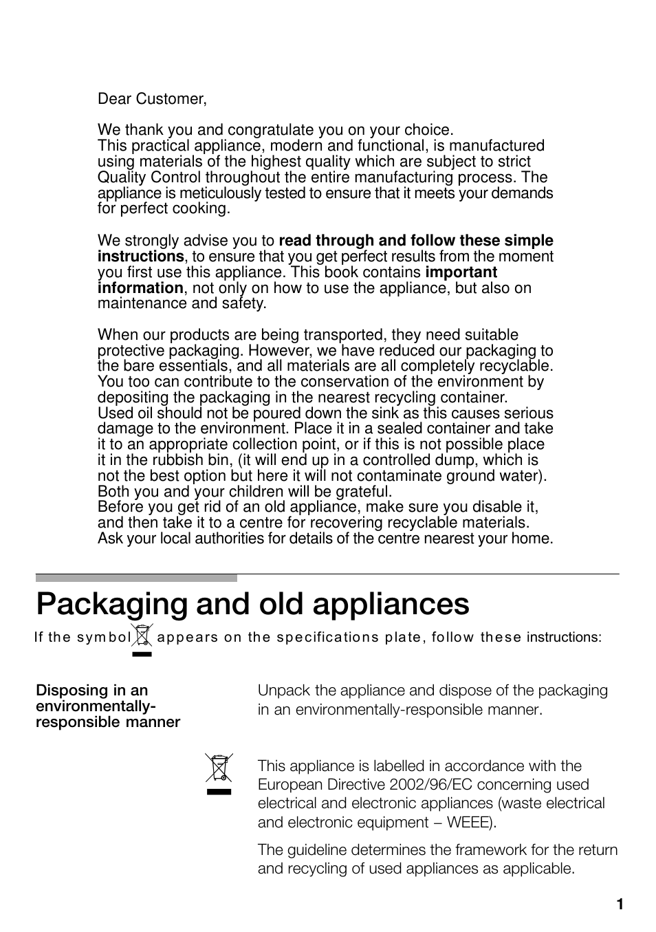 Packaging and old appliances | Neff M3126N1  EU User Manual | Page 2 / 98