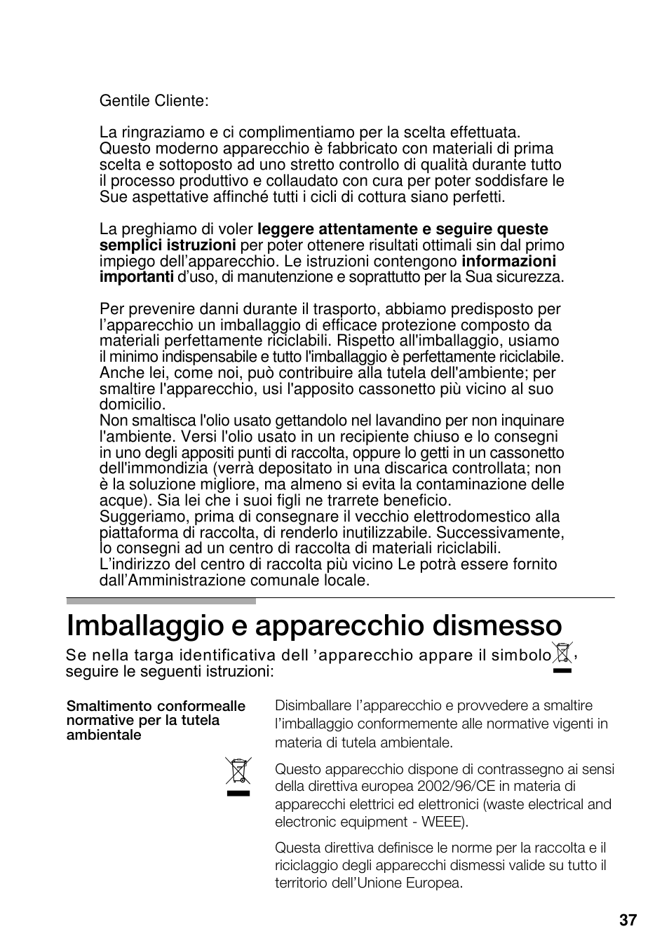 Imballaggio e apparecchio dismesso | Neff M3126N1  EU User Manual | Page 38 / 98